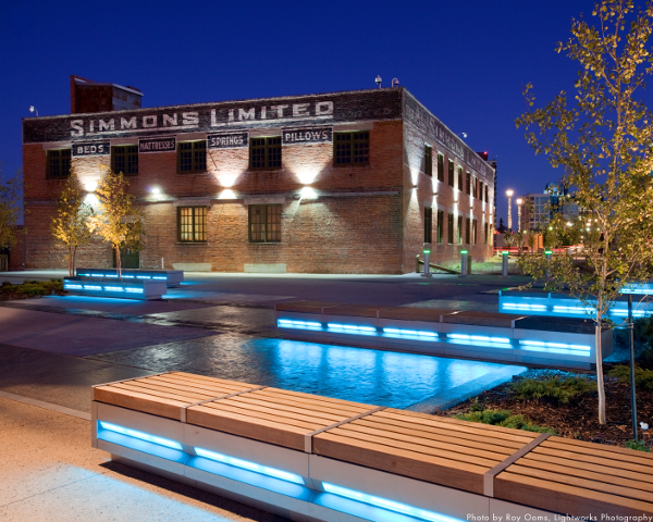 Custom benches provide seating areas.